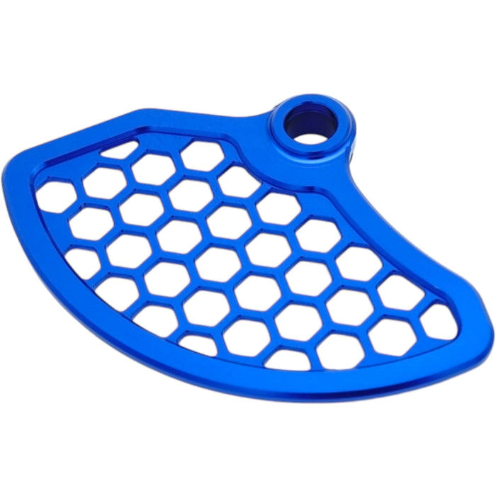 Blue anodized CNC chain guard with honeycomb cutouts and mounting hole