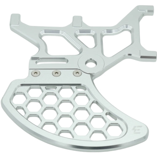 Silver anodized motorcycle sprocket guard with honeycomb cutouts and mounting holes