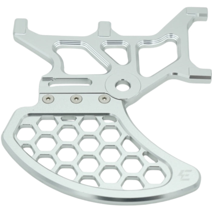 Silver anodized motorcycle sprocket guard with honeycomb cutouts and mounting holes