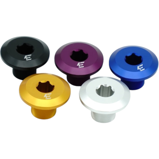 Anodized motorcycle axle nut covers in black, purple, blue, gold, silver