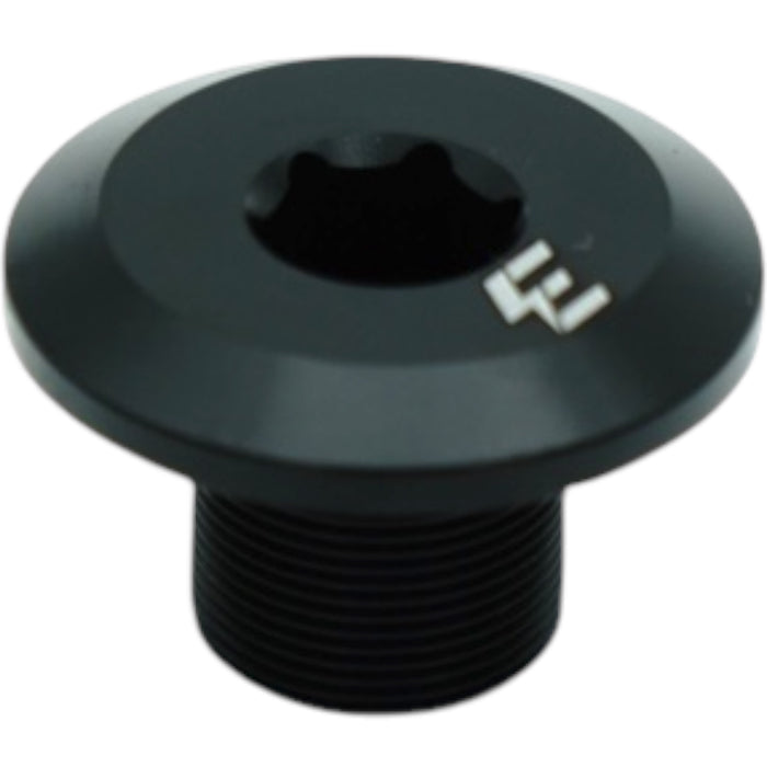Black threaded metal cap with a star-shaped socket and a small white logo.