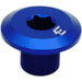 Blue anodized aluminum motorcycle axle nut with torx-style recess and logo