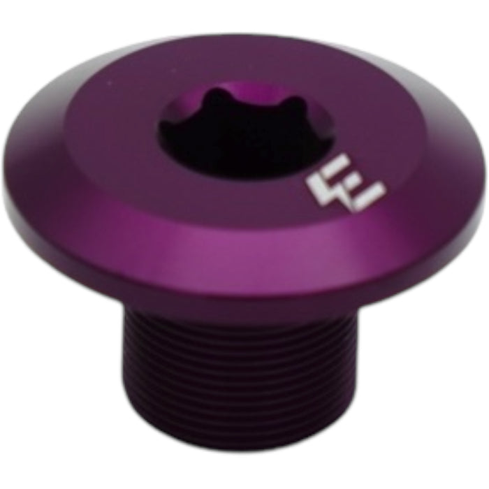 Purple anodized fork preload cap with threaded base and branded logo