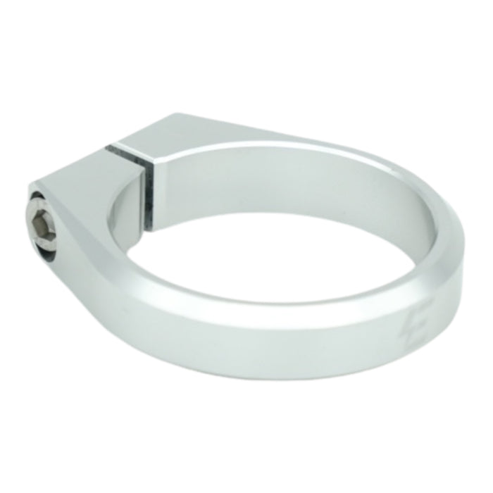 Silver aluminum seatpost clamp with single-bolt quick release, 34.9mm