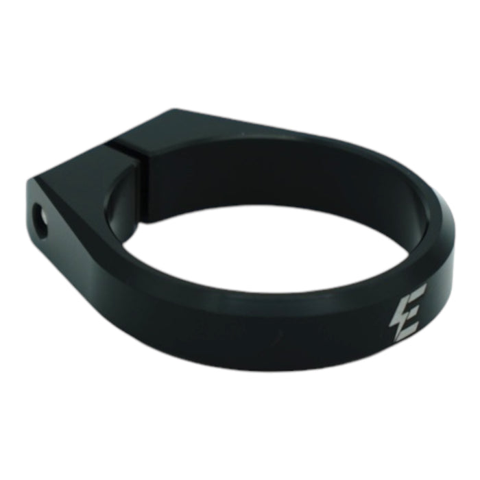 Black metal clamp with white logo on the side on a white background