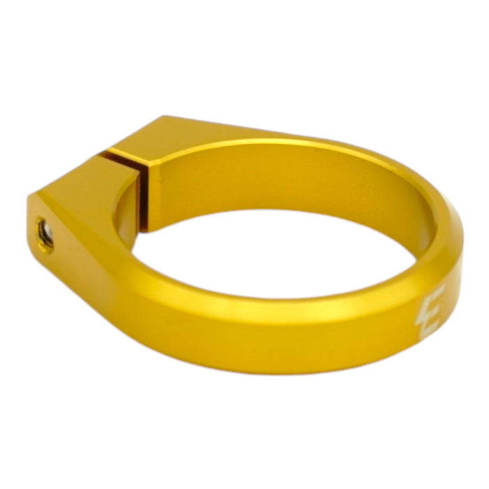 Gold anodized aluminum bicycle seatpost clamp, 34.9mm quick-release style