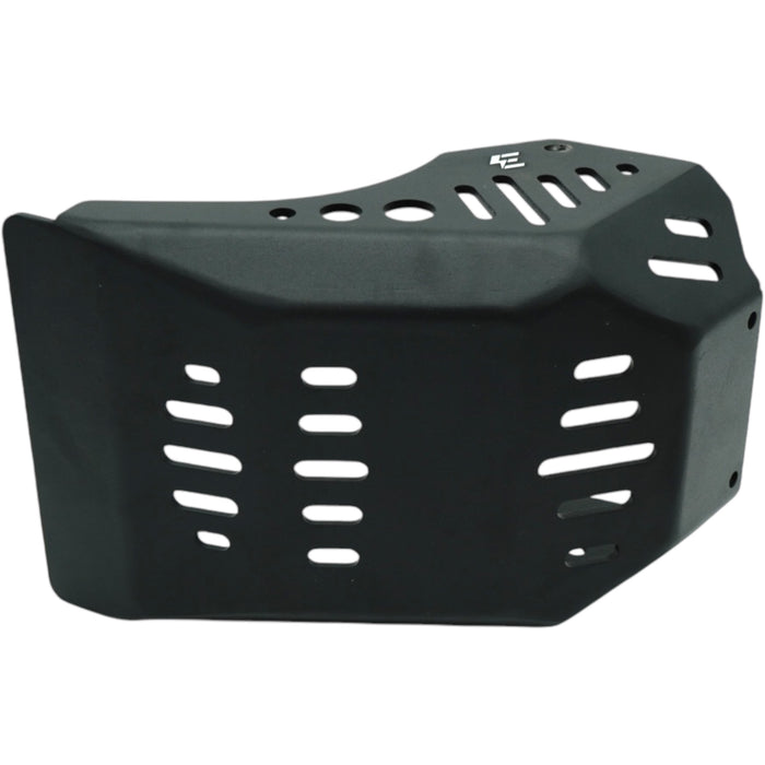 Black skid plate bash guard with ventilation slots for motorcycle engine protection