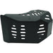 Black skid plate bash guard with ventilation slots for motorcycle engine protection