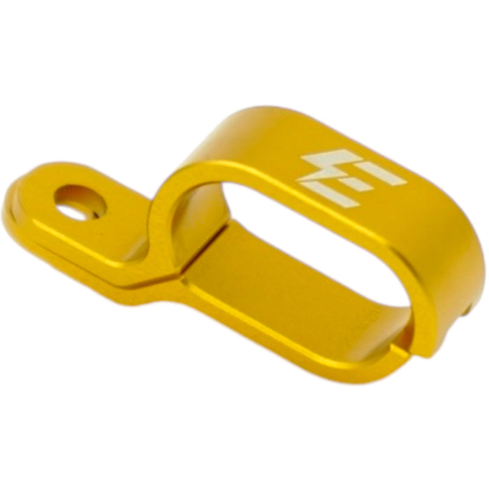 Gold anodized cable clamp with mounting hole and engraved logo