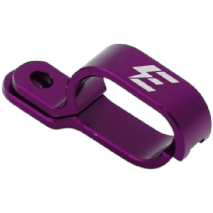 Purple anodized CNC cable clamp with engraved logo and mounting hole