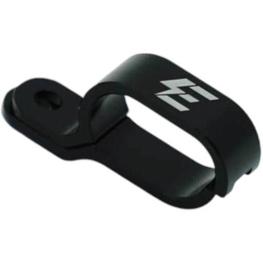 Black anodized cable clamp with logo for electric dirt bike wiring management
