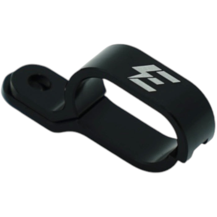 Black anodized cable clamp with logo for electric dirt bike wiring management