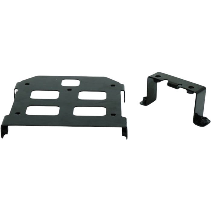 Black motorcycle battery tray and mount bracket with vent cutouts