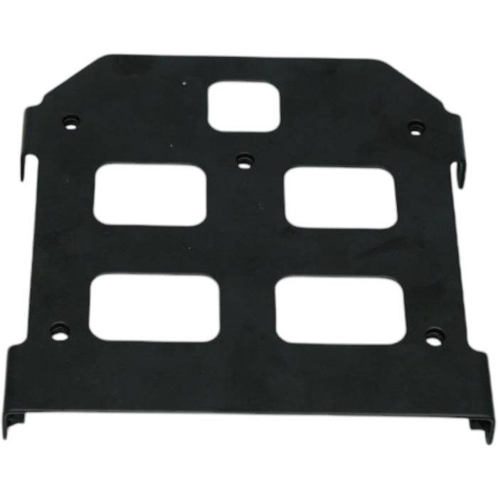 Black battery tray plate with ventilation cutouts and mounting holes