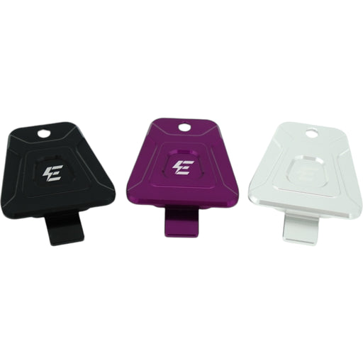 Tri-color anodized battery strap anchors (black, purple, silver) for e-bikes
