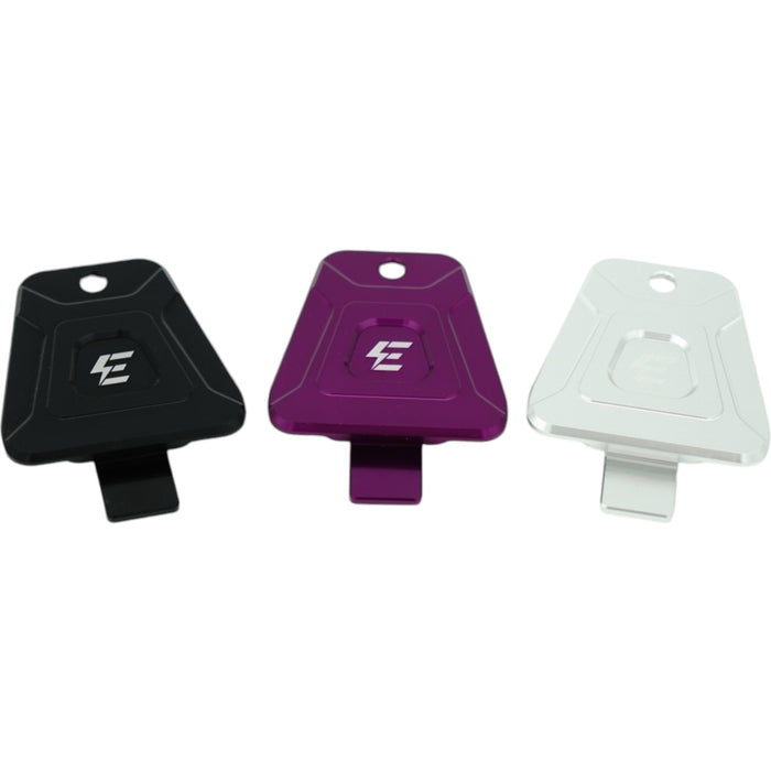 Tri-color anodized battery strap anchors (black, purple, silver) for e-bikes