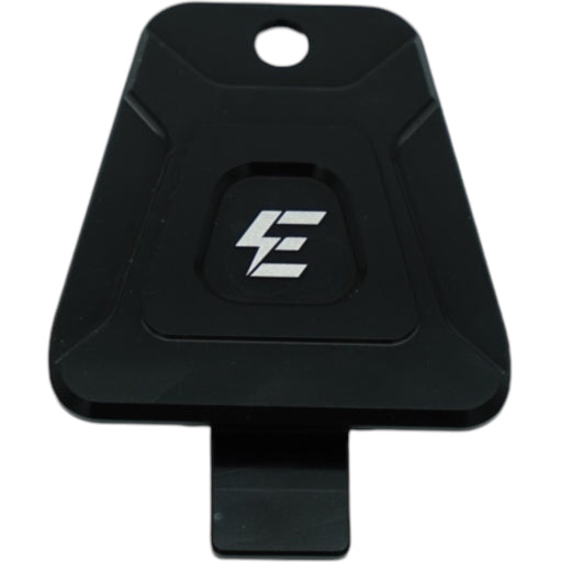 Black anodized motorcycle key cover with emoto-parts logo and mounting hole