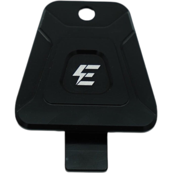 Black anodized motorcycle key cover with emoto-parts logo and mounting hole