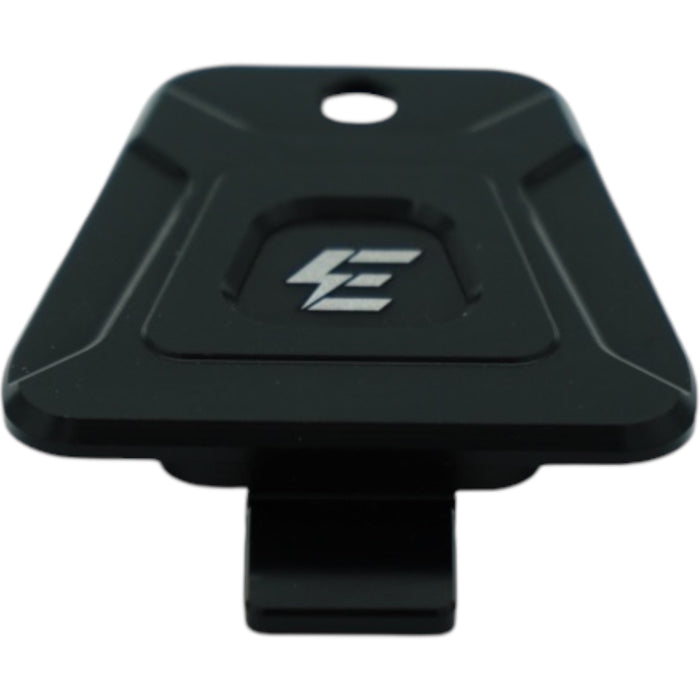 Black CNC-machined phone mount base plate with emoto-parts logo and mounting hole