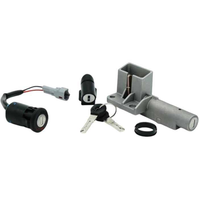 Motorcycle ignition lock set with keys, barrel switch and mounting bracket