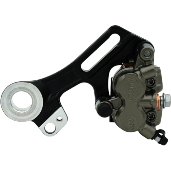 Rear motorcycle brake caliper and mounting bracket, black arm with bronze caliper