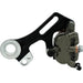 Rear motorcycle brake caliper and mounting bracket, black arm with bronze caliper