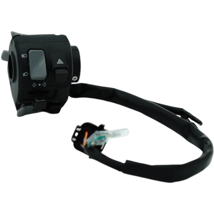 Black motorcycle handlebar switch assembly with wiring harness and connectors