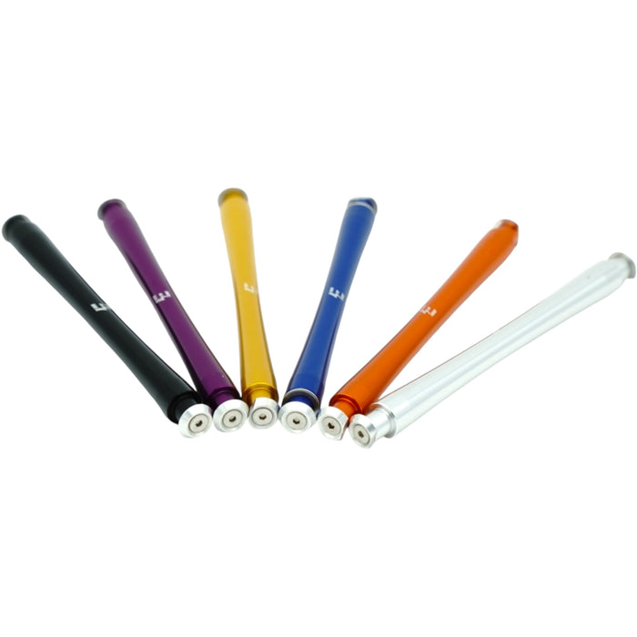 Anodized motorcycle axle sliders in black, purple, gold, blue, orange, silver