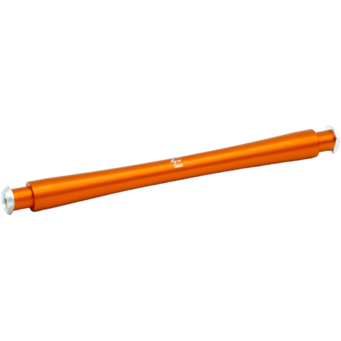 Orange anodized Surron swingarm axle rod with silver end caps