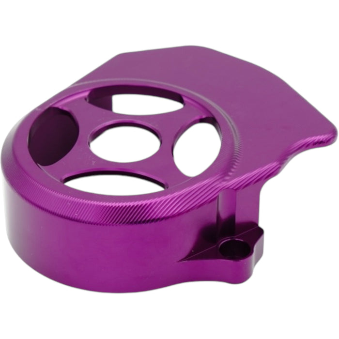 Purple anodized sprocket cover with ventilation holes for dirt bike