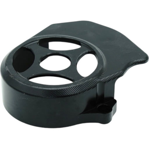 Black CNC-machined motorcycle speedometer gauge cover with vented holes