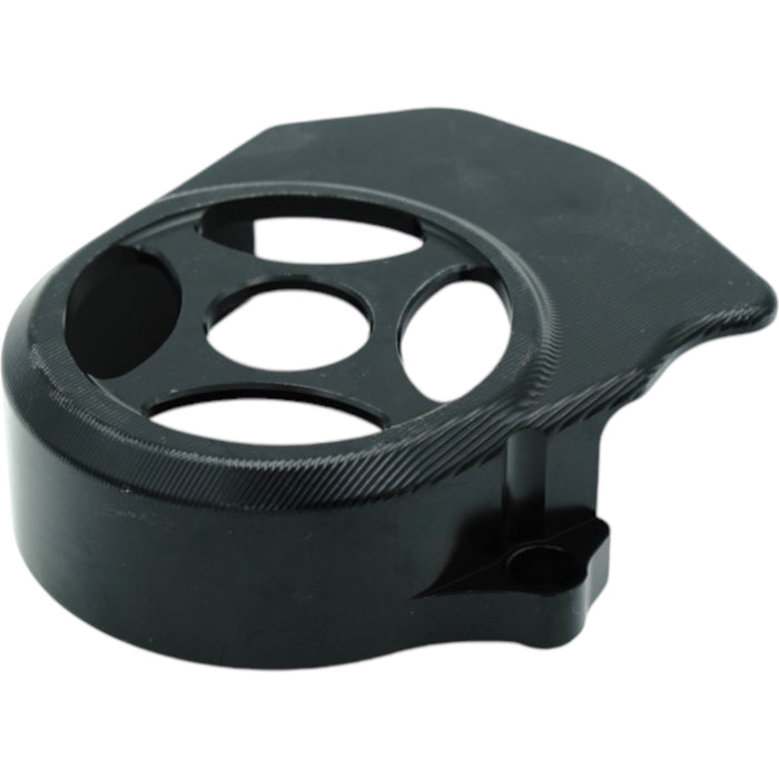 Black CNC-machined motorcycle speedometer gauge cover with vented holes