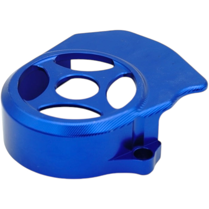 Blue anodized CNC motor cover with ventilation cutouts for e-bike