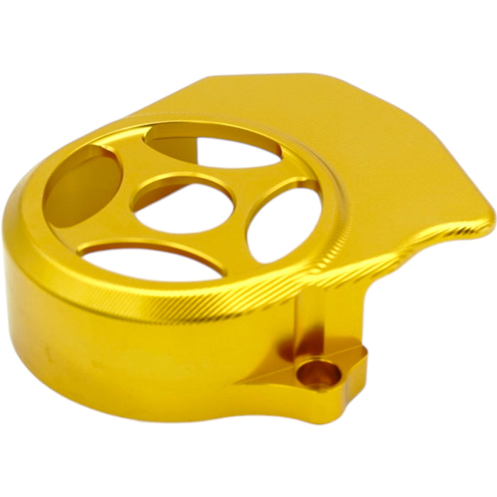 Gold anodized sprocket cover with ventilation holes for dirt bike