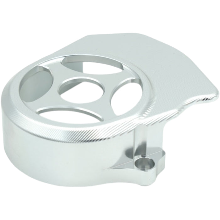 Polished silver sprocket cover with vent holes for dirt bike drivetrain