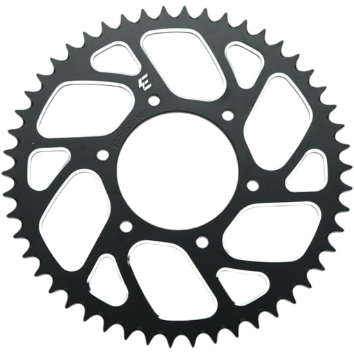 Black motorcycle rear sprocket with 50 teeth, lightweight cutouts
