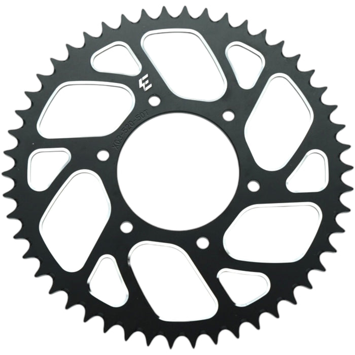 Black motorcycle rear sprocket with 50 teeth, lightweight cutouts