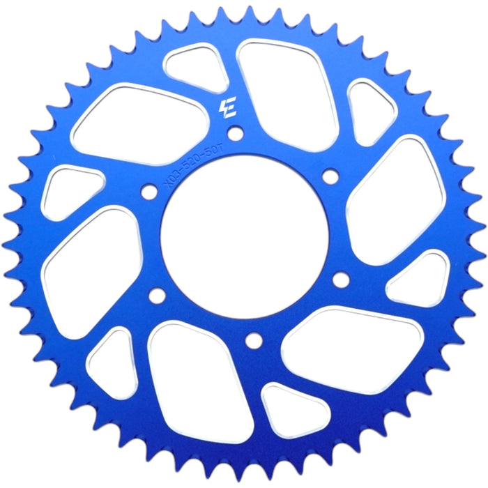 Blue anodized motorcycle sprocket 50T with lightweight cutouts