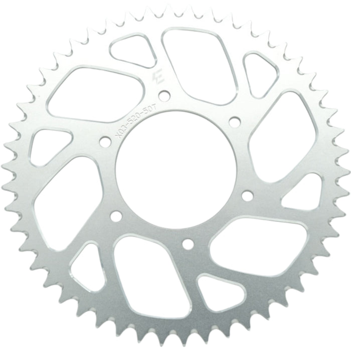 Silver 50T motorcycle rear sprocket, CNC-cut lightweight steel design