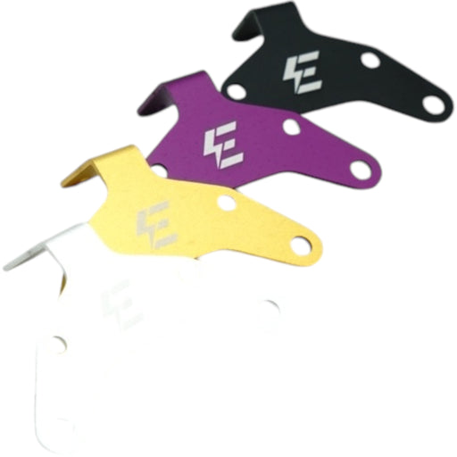 Anodized motorcycle brake sensor bracket set in black, purple, gold, and silver
