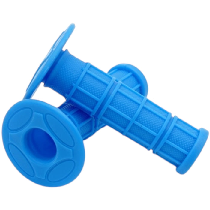Blue motocross-style handlebar grips with waffle texture and flange, pair