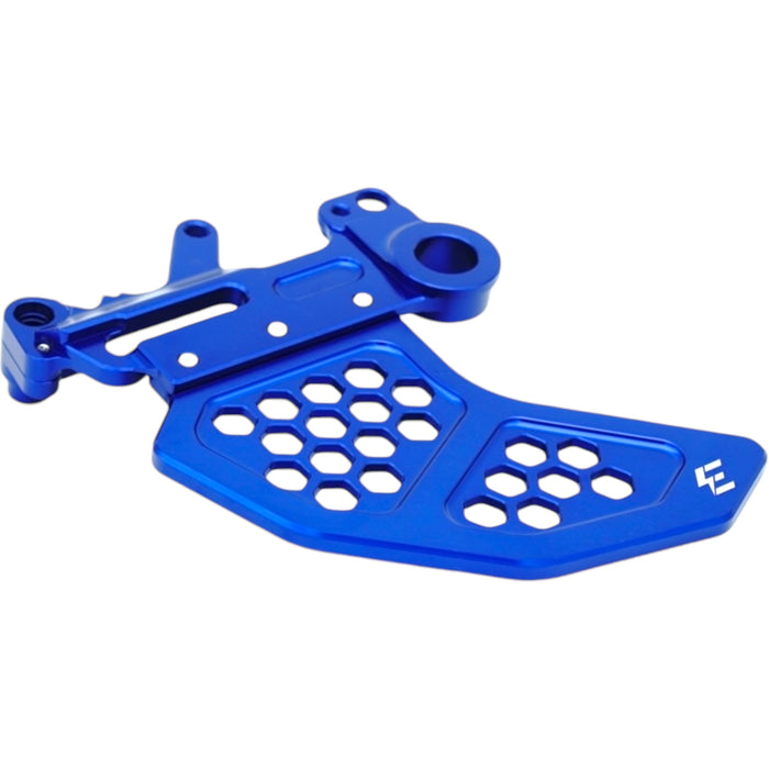 Blue CNC chain guide with honeycomb cutouts and mounting bracket