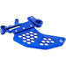 Blue CNC chain guide with honeycomb cutouts and mounting bracket