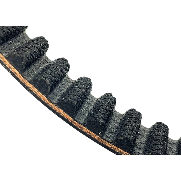 Close-up of toothed rubber drive belt showing textured teeth and core layer