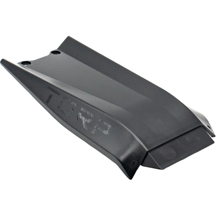 Black motorcycle rear fender extension with aerodynamic profile and mounting holes
