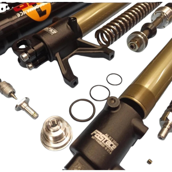 Disassembled black and gold Fastace mountain bike suspension fork parts with seals.