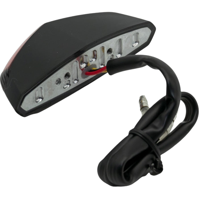 Black LED motorcycle tail light with integrated wiring and mounting plate