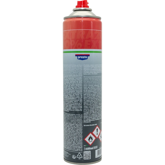 Presto red aerosol spray can 360ml with safety hazard symbols