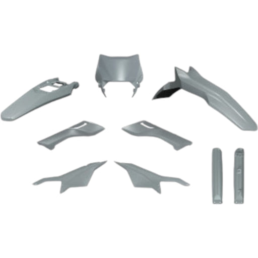 Grey plastic body fairing kit for electric dirt bike, front and rear panels