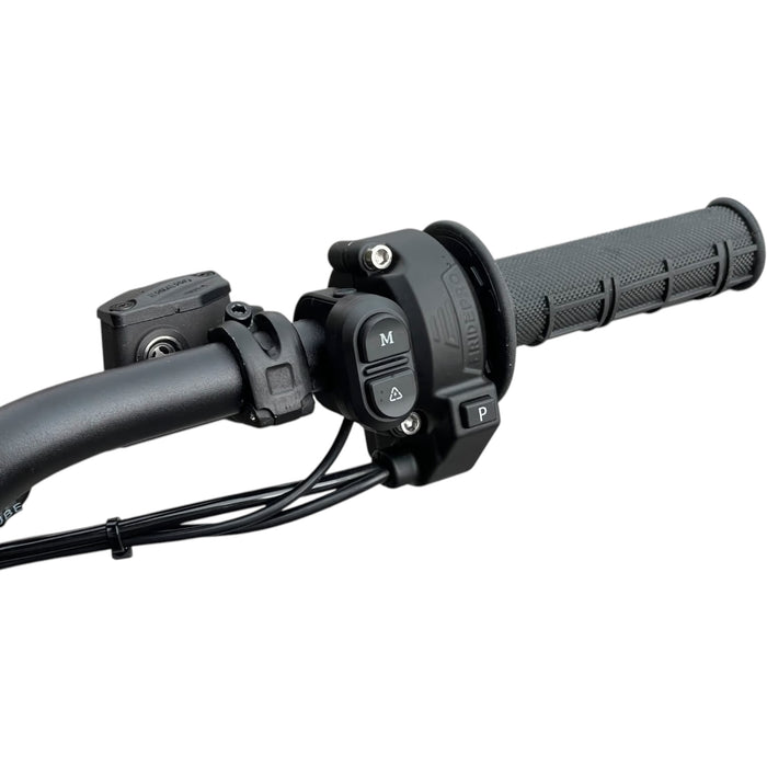 Motorcycle throttle assembly with switch buttons, grip, and brake reservoir